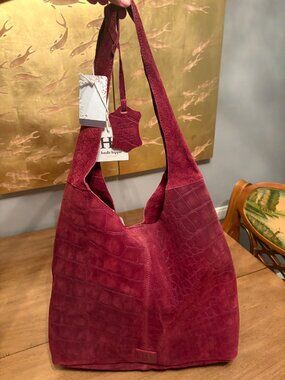 NWT Haute Hippie "Festival" Suede Leather Crocodile Embossed Hobo Shoulder Bag.